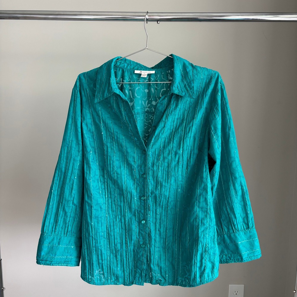 JM Collection Button Down Shirt‎ 16 Teal Crinkle Embroidered Y2K Whimsy Fairy